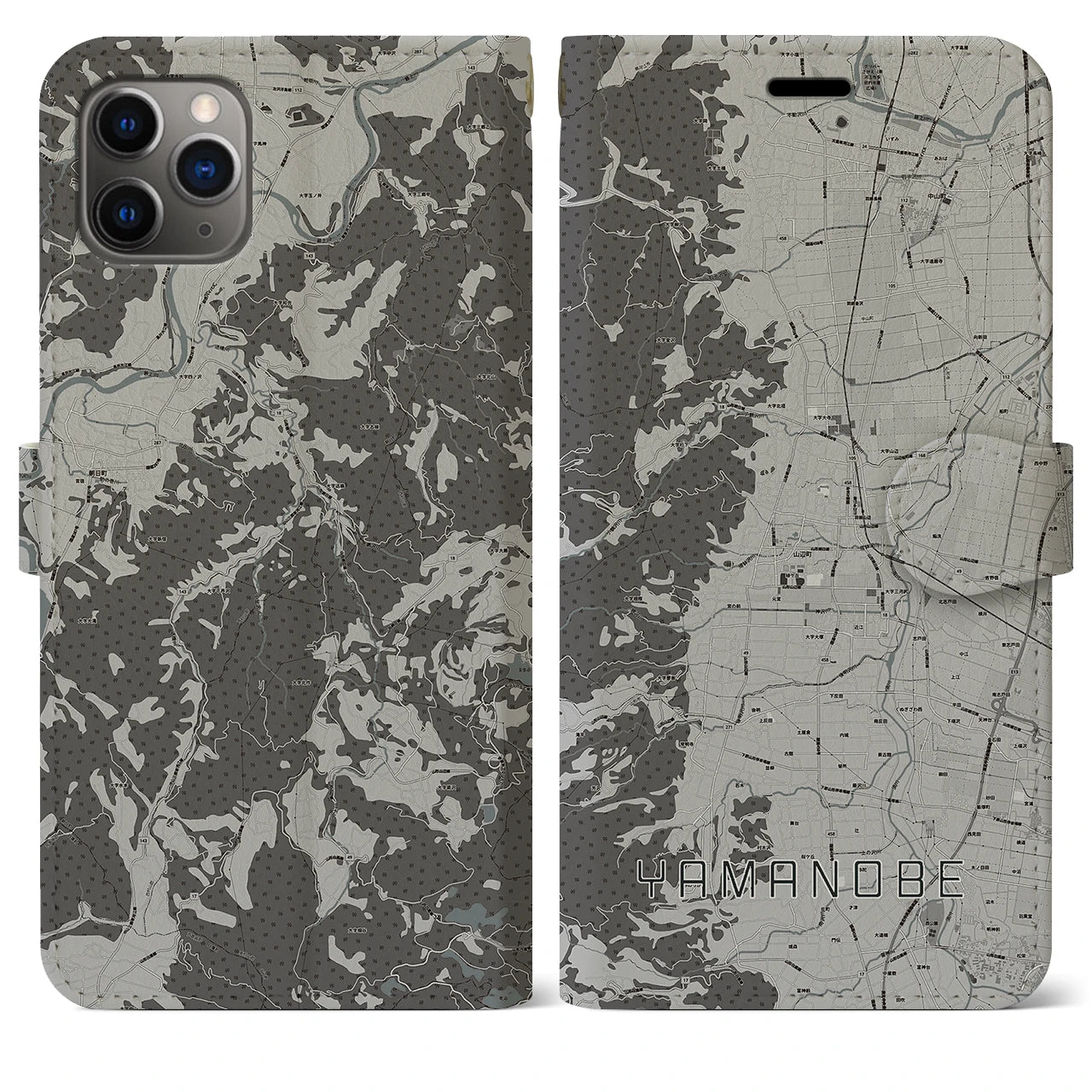 【山辺(山形県)】地図柄iPhoneケース(手帳タイプ)モノトーン・iPhone 11 Pro Max 用