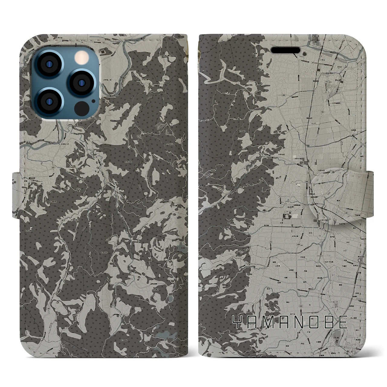 【山辺(山形県)】地図柄iPhoneケース(手帳タイプ)モノトーン・iPhone 12 / 12 Pro 用