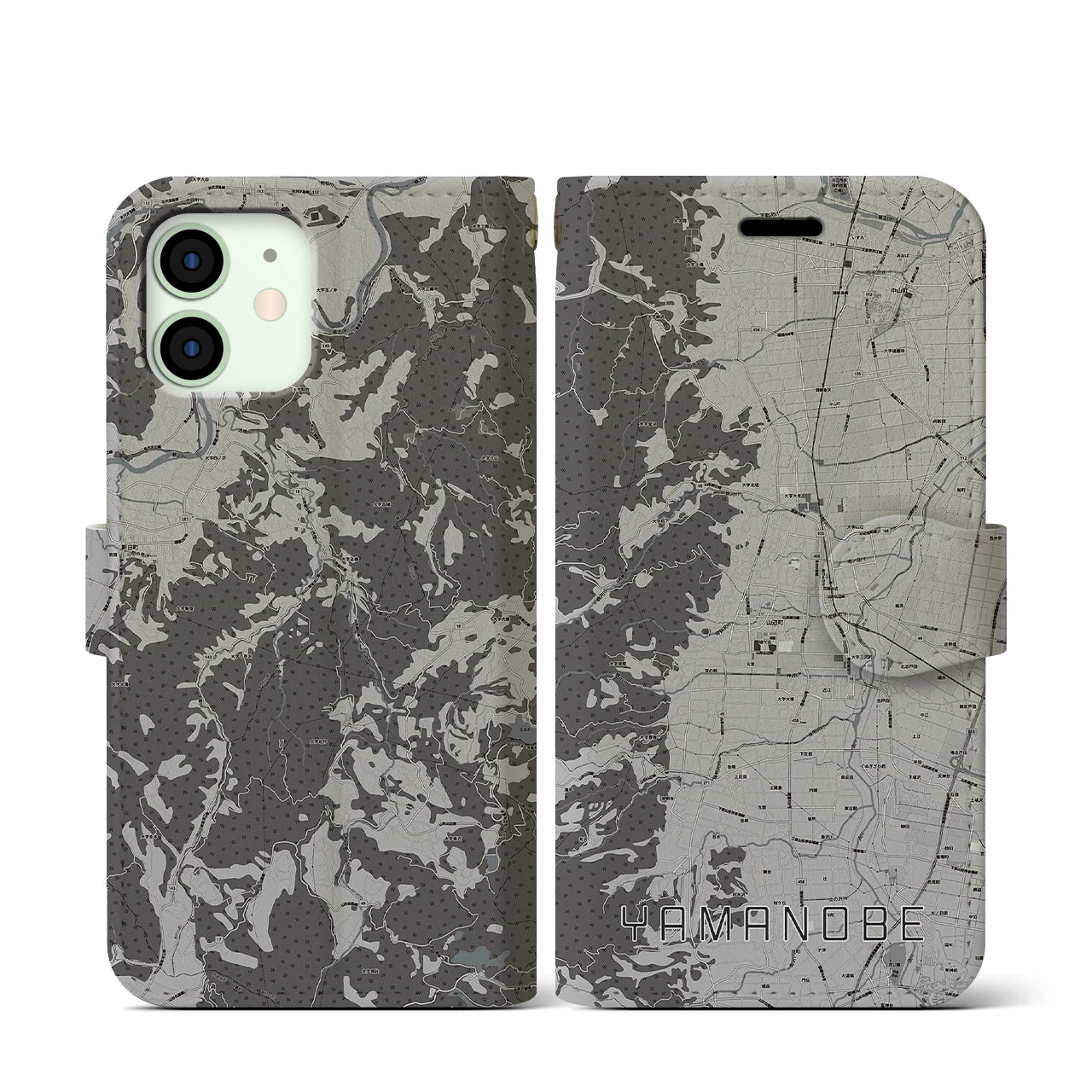 【山辺(山形県)】地図柄iPhoneケース(手帳タイプ)モノトーン・iPhone 12 mini 用