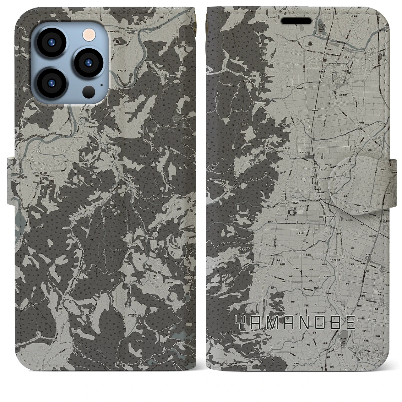 【山辺(山形県)】地図柄iPhoneケース(手帳タイプ)モノトーン・iPhone 13 Pro Max 用