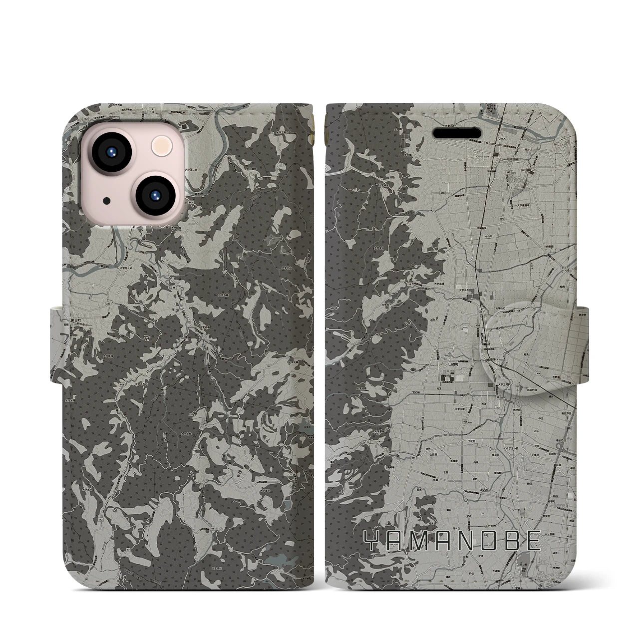 【山辺(山形県)】地図柄iPhoneケース(手帳タイプ)モノトーン・iPhone 13 mini 用