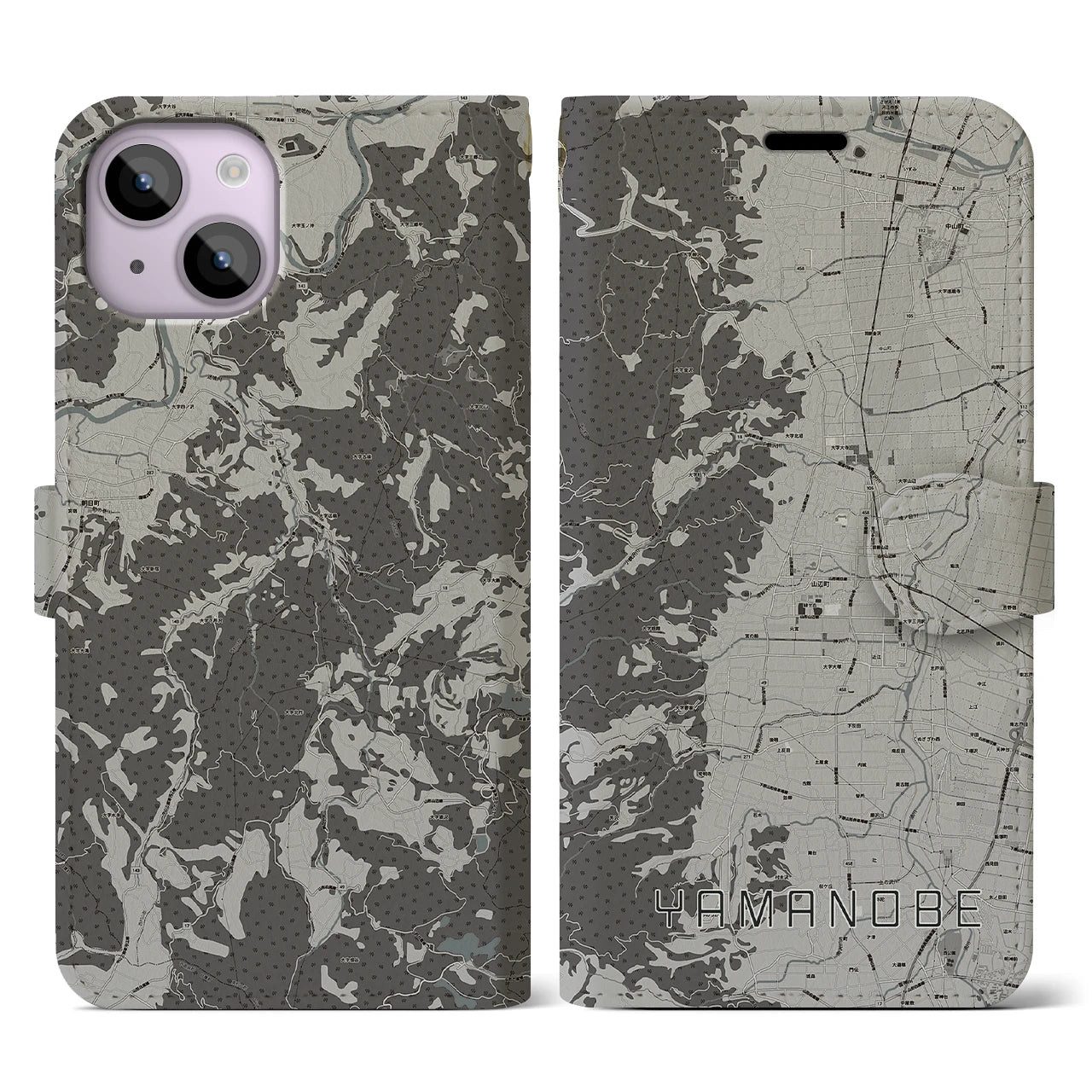 【山辺(山形県)】地図柄iPhoneケース(手帳タイプ)モノトーン・iPhone 14 用