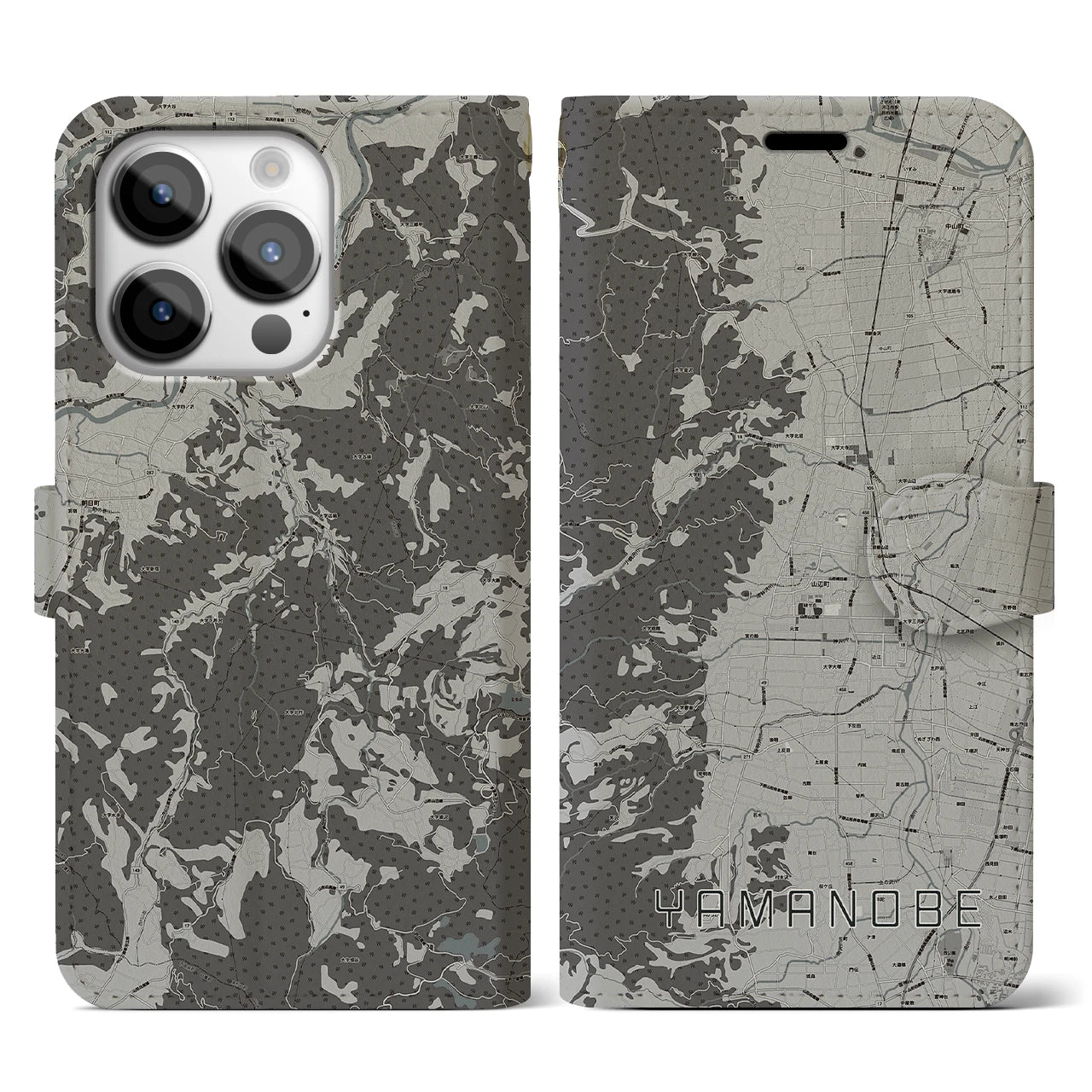 【山辺(山形県)】地図柄iPhoneケース(手帳タイプ)モノトーン・iPhone 14 Pro 用