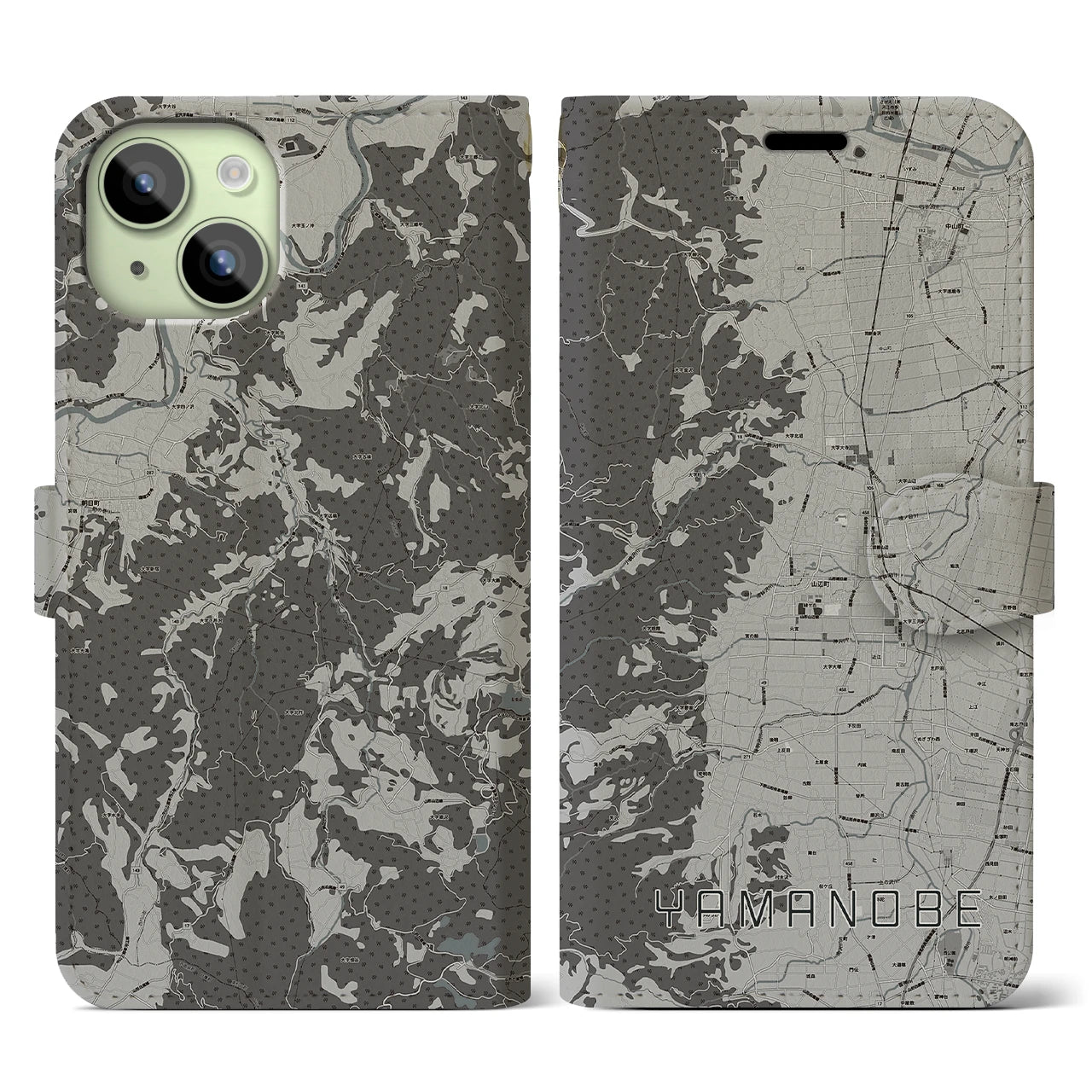 【山辺(山形県)】地図柄iPhoneケース(手帳タイプ)モノトーン・iPhone 15 用