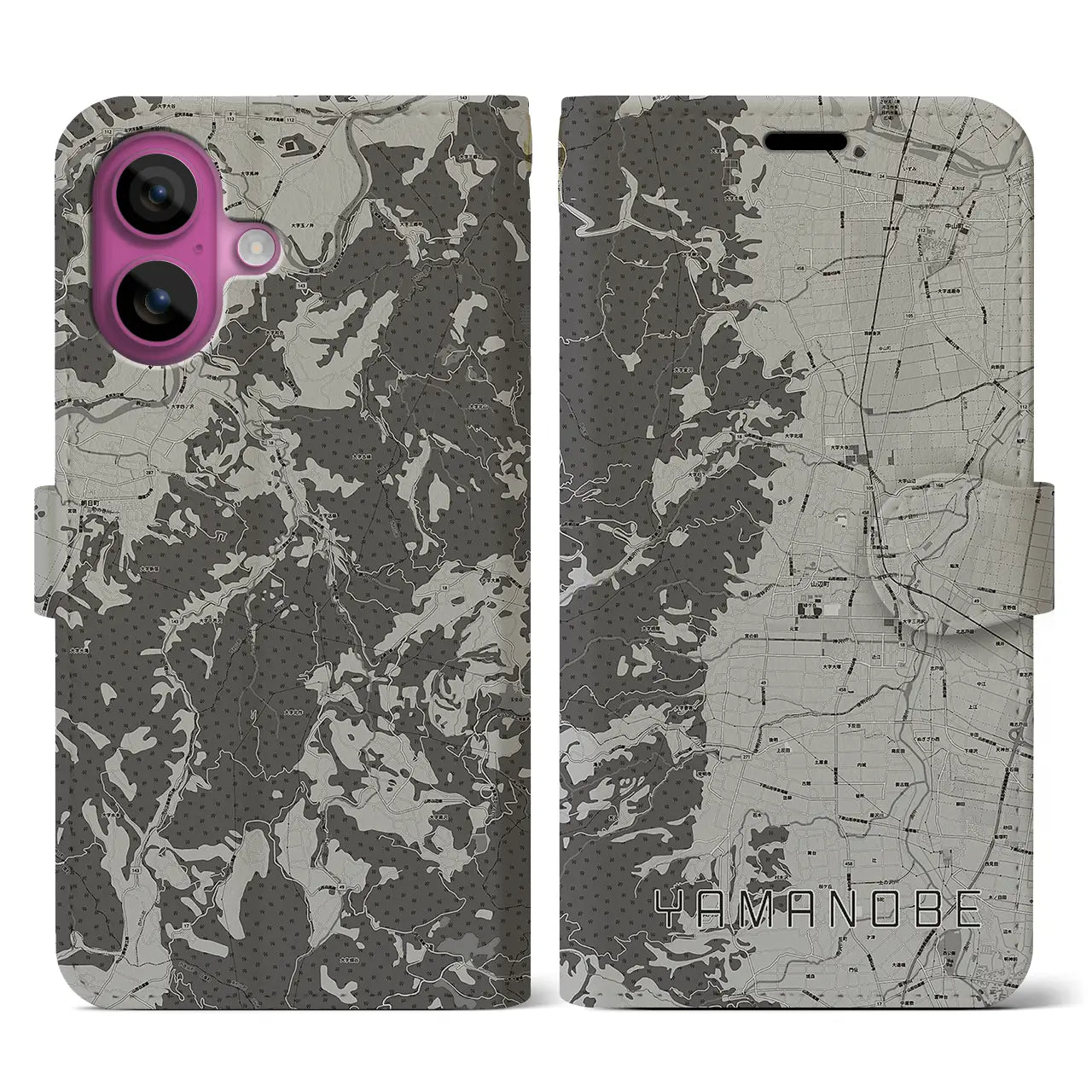 【山辺(山形県)】地図柄iPhoneケース(手帳タイプ)モノトーン・iPhone 16 Pro 用