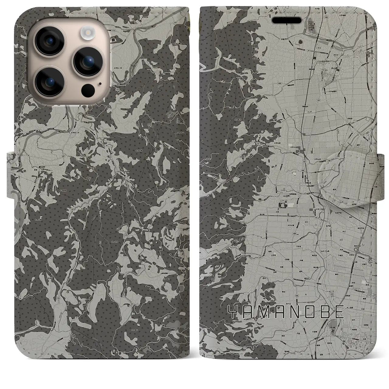 【山辺(山形県)】地図柄iPhoneケース(手帳タイプ)モノトーン・iPhone 16 Plus 用