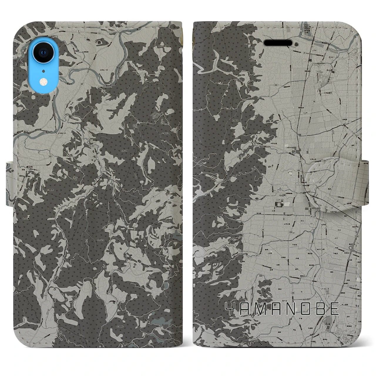 【山辺(山形県)】地図柄iPhoneケース(手帳タイプ)モノトーン・iPhone XR 用
