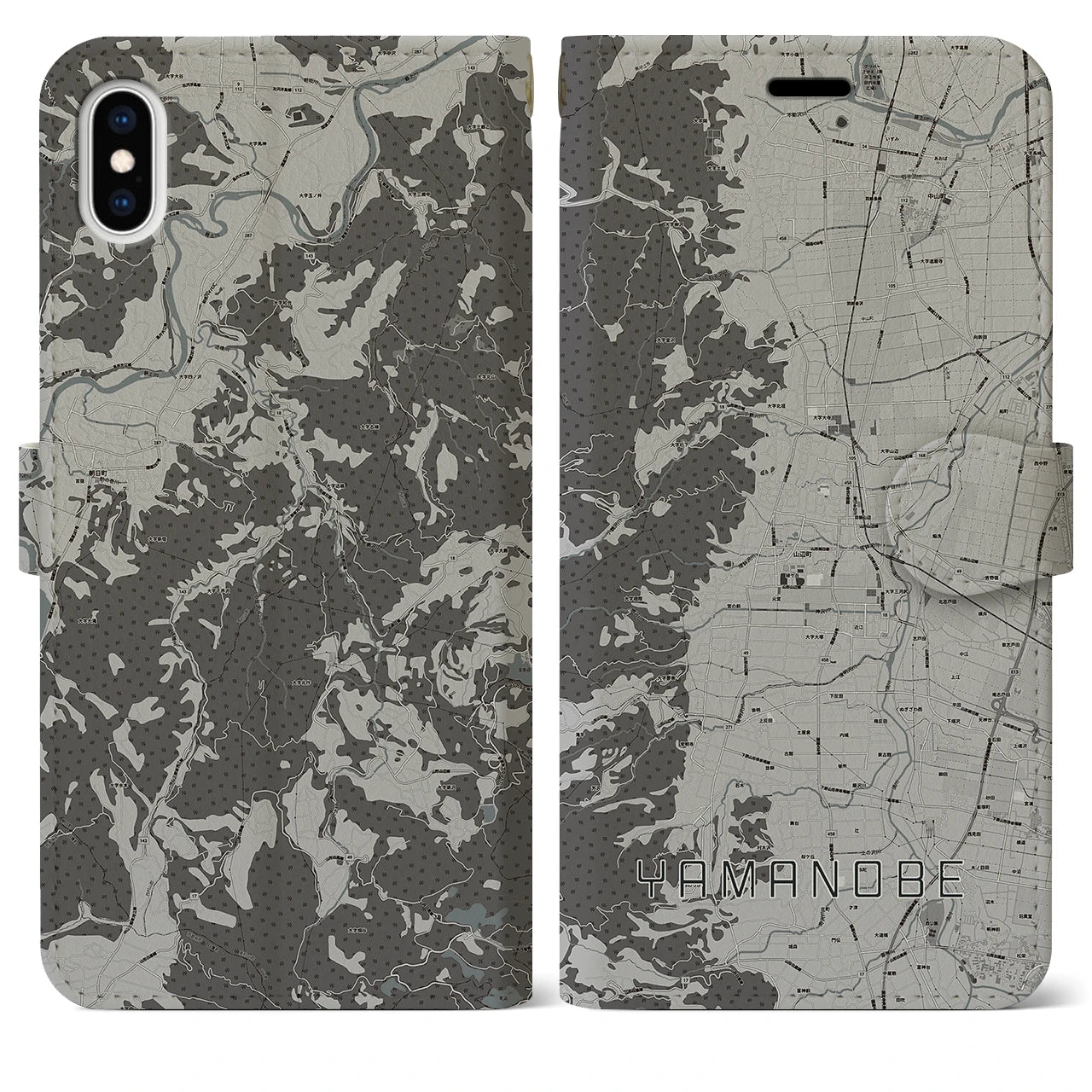 【山辺(山形県)】地図柄iPhoneケース(手帳タイプ)モノトーン・iPhone XS Max 用