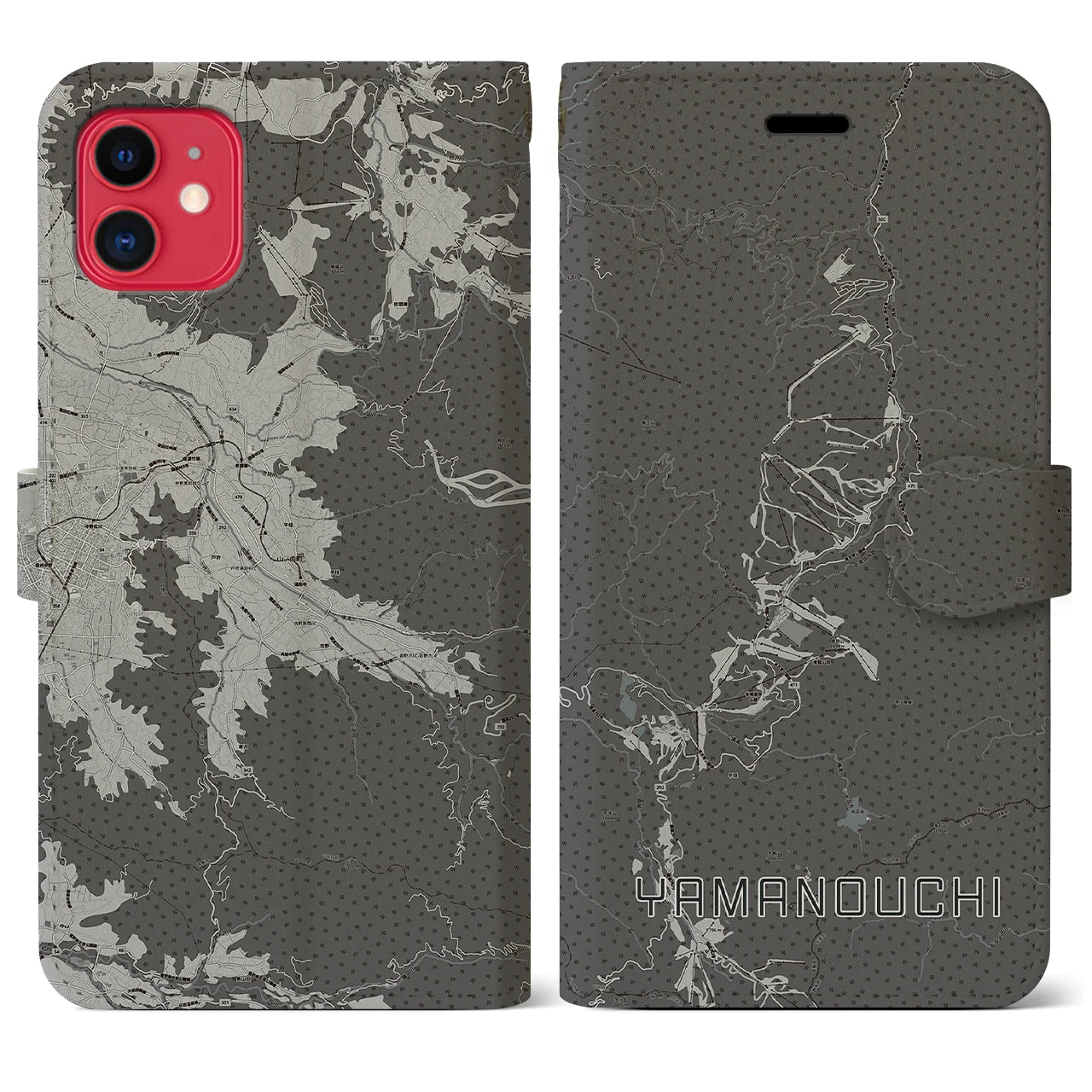 【山ノ内(長野県)】地図柄iPhoneケース(手帳タイプ)モノトーン・iPhone 11 用