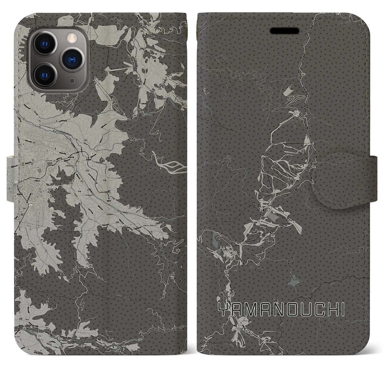 【山ノ内(長野県)】地図柄iPhoneケース(手帳タイプ)モノトーン・iPhone 11 Pro Max 用