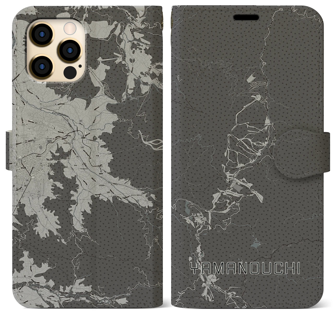 【山ノ内(長野県)】地図柄iPhoneケース(手帳タイプ)モノトーン・iPhone 12 Pro Max 用