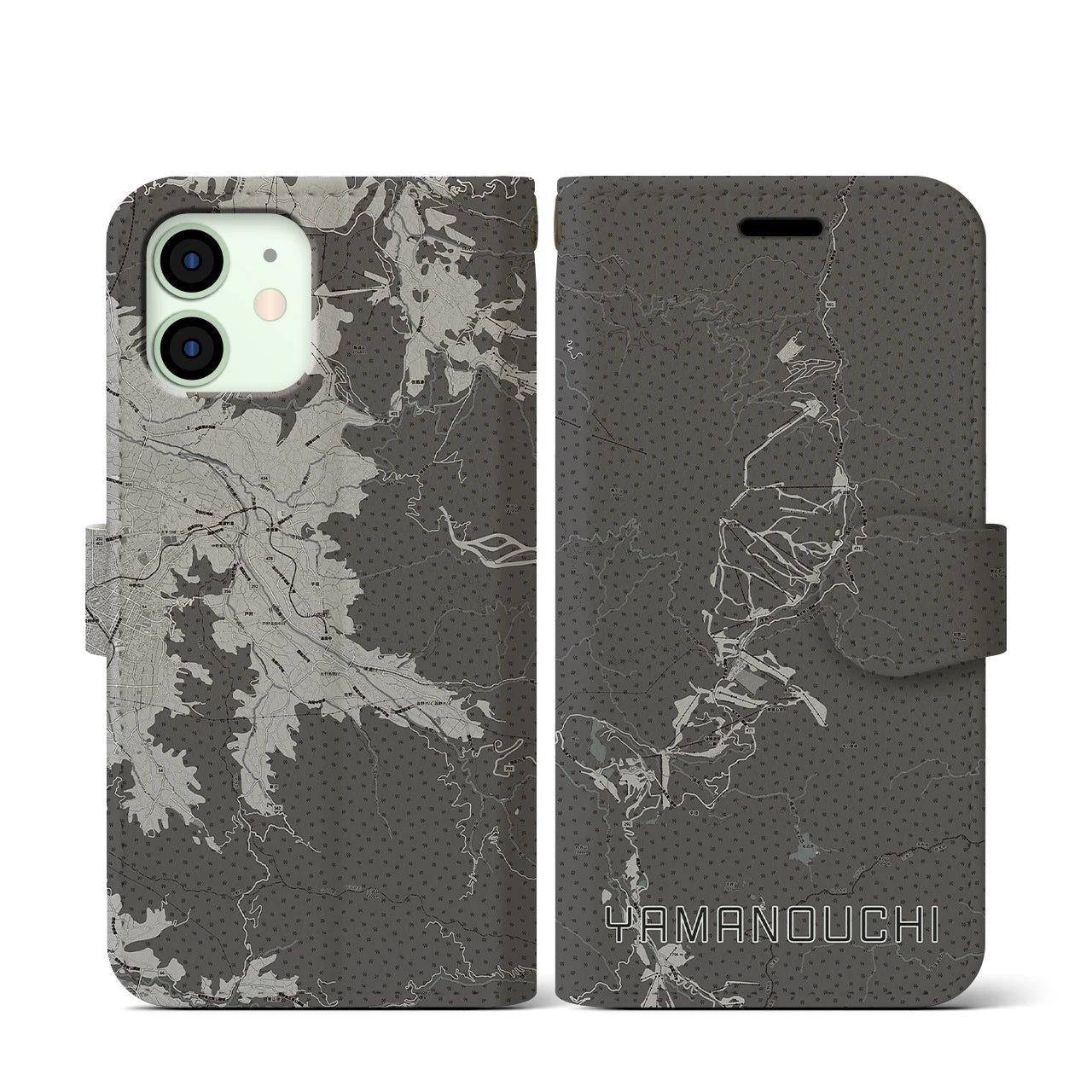 【山ノ内(長野県)】地図柄iPhoneケース(手帳タイプ)モノトーン・iPhone 12 mini 用