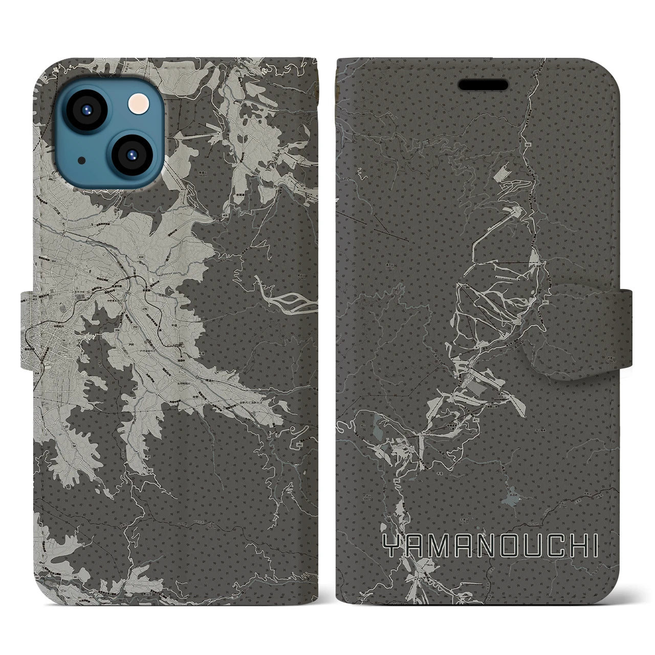 【山ノ内(長野県)】地図柄iPhoneケース(手帳タイプ)モノトーン・iPhone 13 用