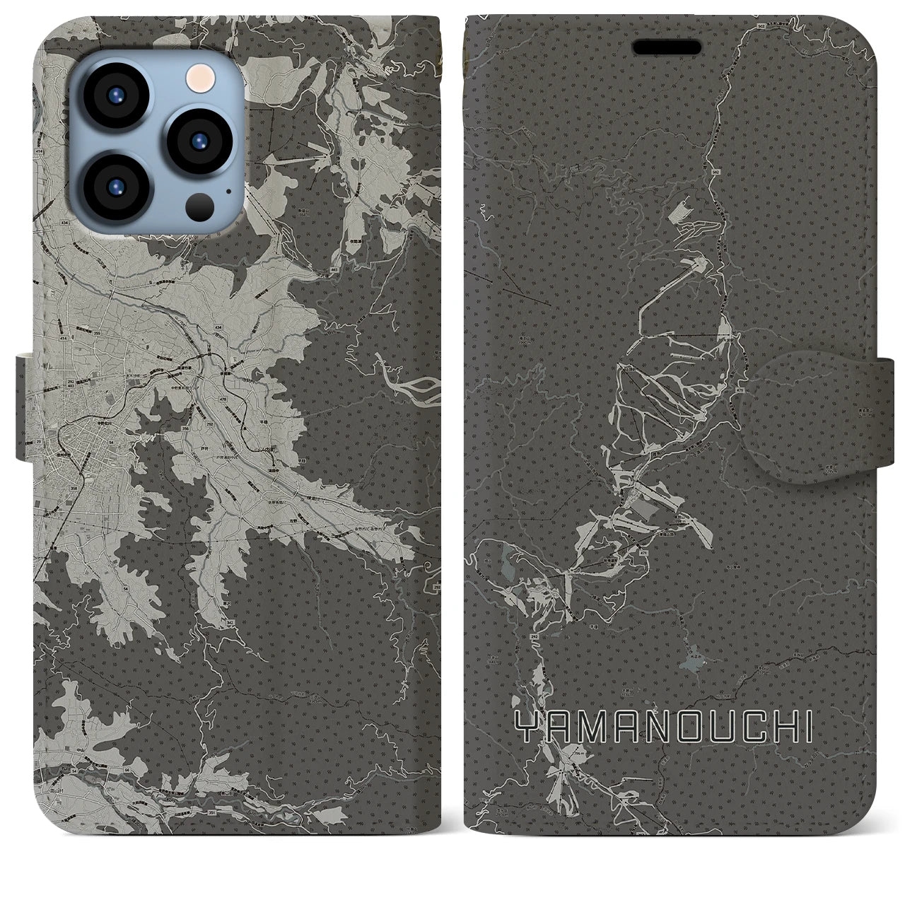 【山ノ内(長野県)】地図柄iPhoneケース(手帳タイプ)モノトーン・iPhone 13 Pro Max 用