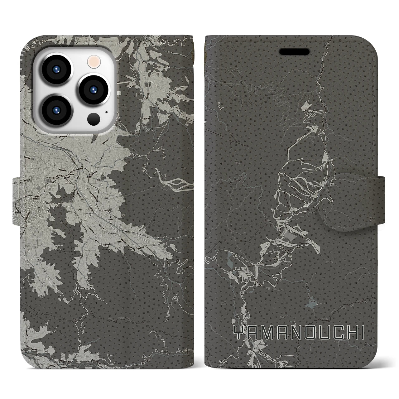 【山ノ内(長野県)】地図柄iPhoneケース(手帳タイプ)モノトーン・iPhone 13 Pro 用