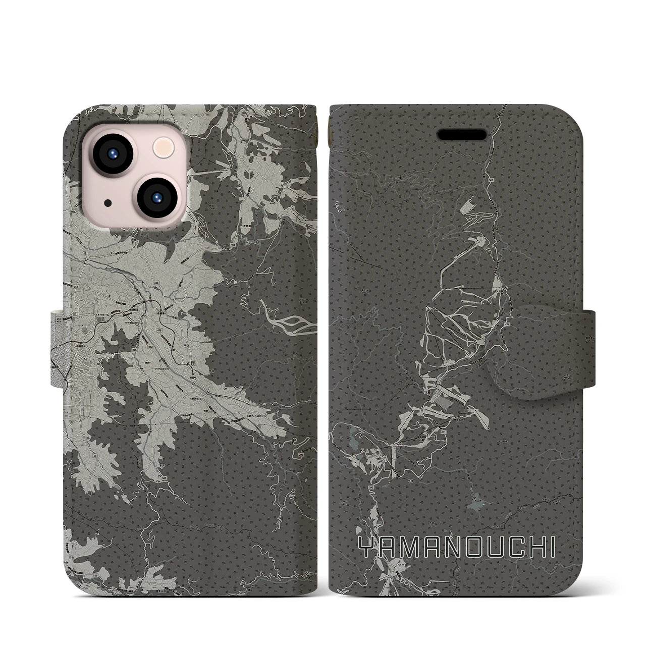 【山ノ内(長野県)】地図柄iPhoneケース(手帳タイプ)モノトーン・iPhone 13 mini 用