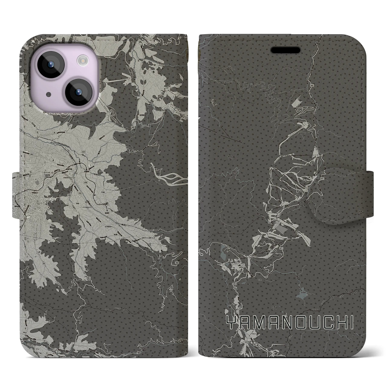 【山ノ内(長野県)】地図柄iPhoneケース(手帳タイプ)モノトーン・iPhone 14 用
