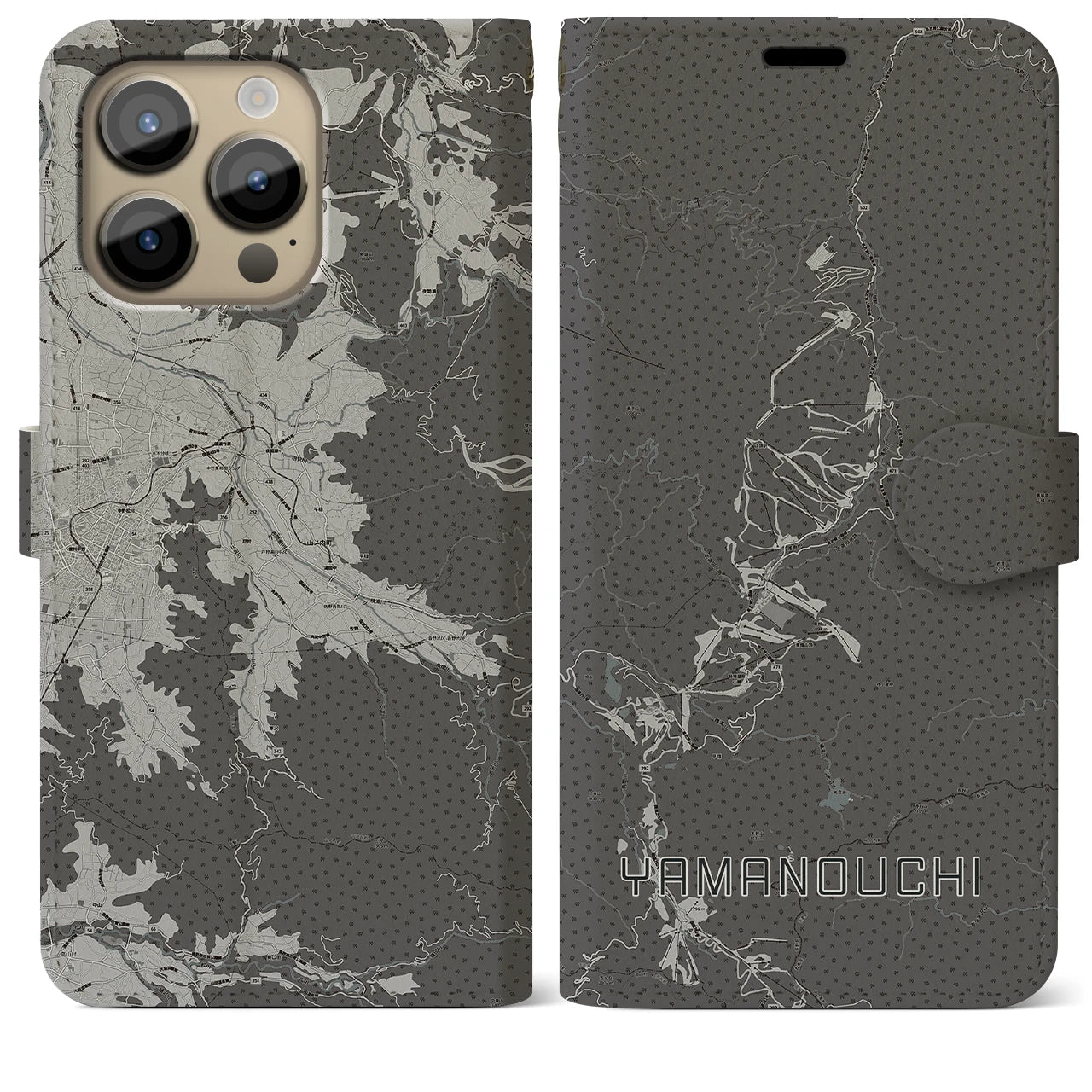 【山ノ内(長野県)】地図柄iPhoneケース(手帳タイプ)モノトーン・iPhone 14 Pro Max 用