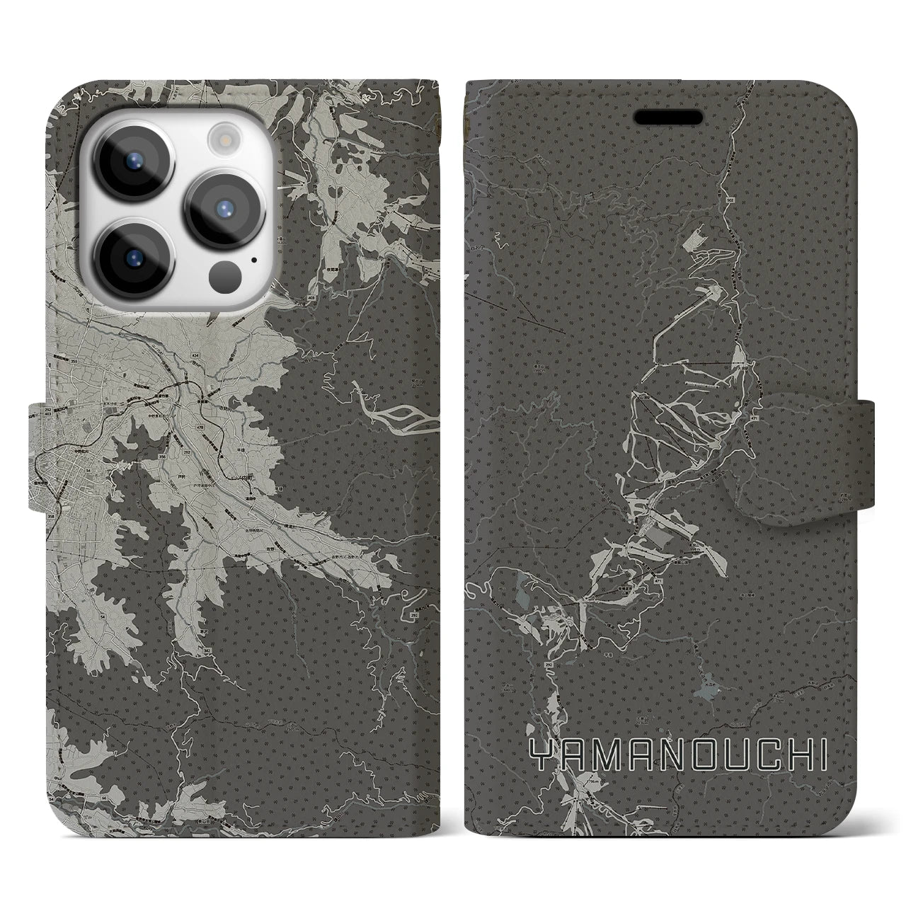 【山ノ内(長野県)】地図柄iPhoneケース(手帳タイプ)モノトーン・iPhone 14 Pro 用