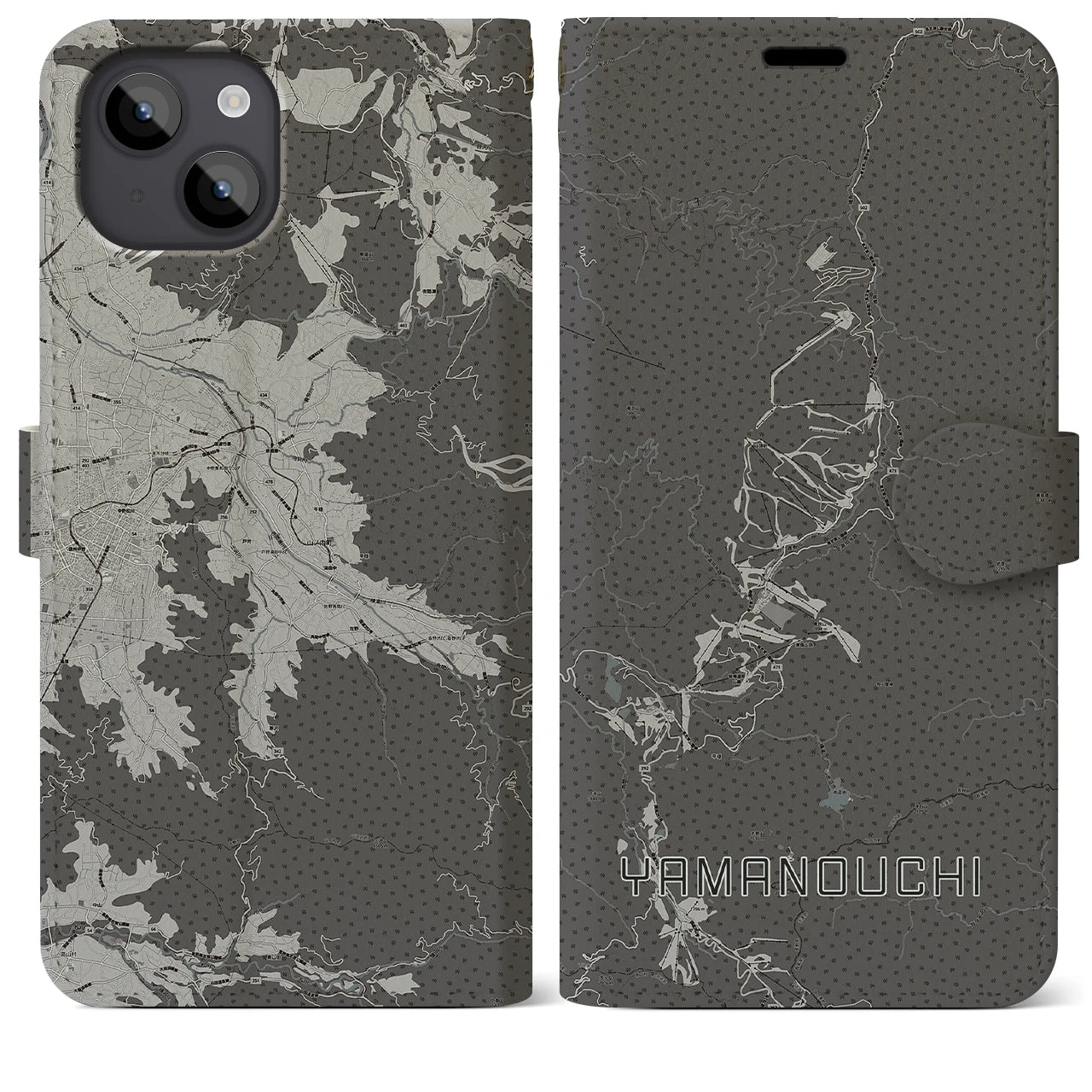 【山ノ内(長野県)】地図柄iPhoneケース(手帳タイプ)モノトーン・iPhone 14 Plus 用