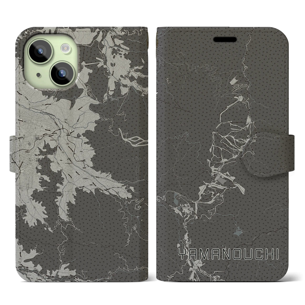 【山ノ内(長野県)】地図柄iPhoneケース(手帳タイプ)モノトーン・iPhone 15 用