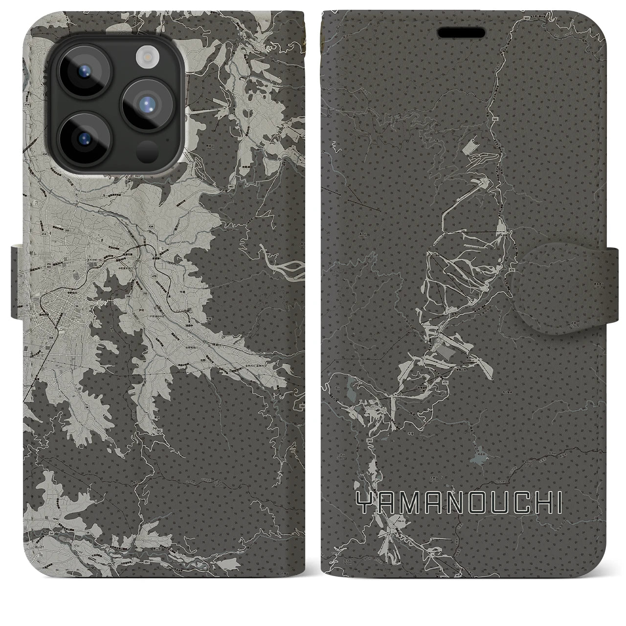 【山ノ内(長野県)】地図柄iPhoneケース(手帳タイプ)モノトーン・iPhone 15 Pro Max 用