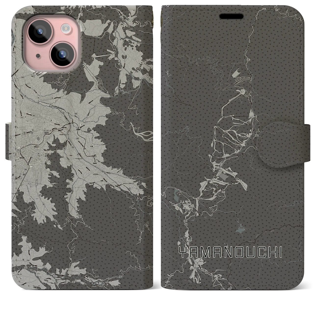 【山ノ内(長野県)】地図柄iPhoneケース(手帳タイプ)モノトーン・iPhone 15 Plus 用