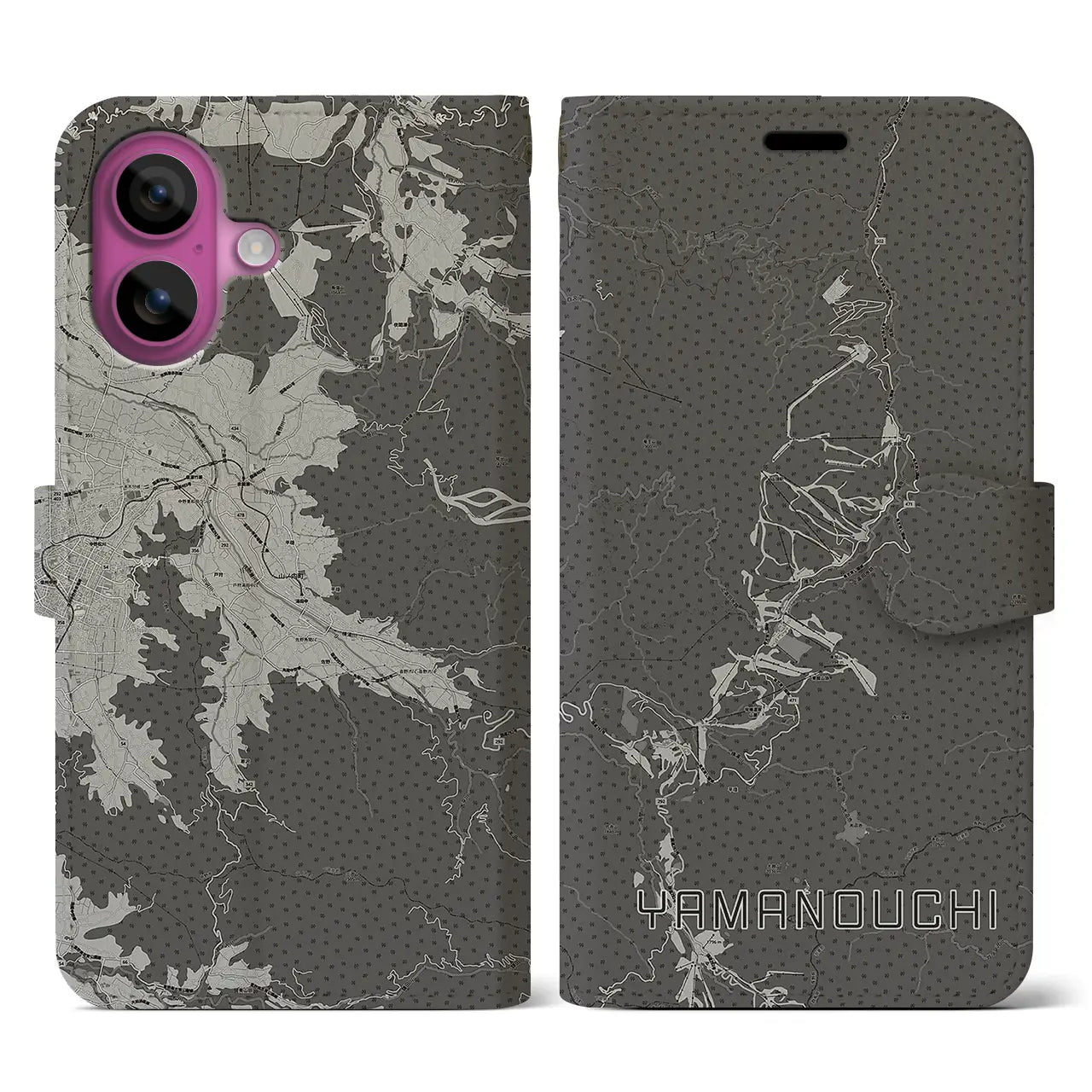 【山ノ内(長野県)】地図柄iPhoneケース(手帳タイプ)モノトーン・iPhone 16 Pro 用