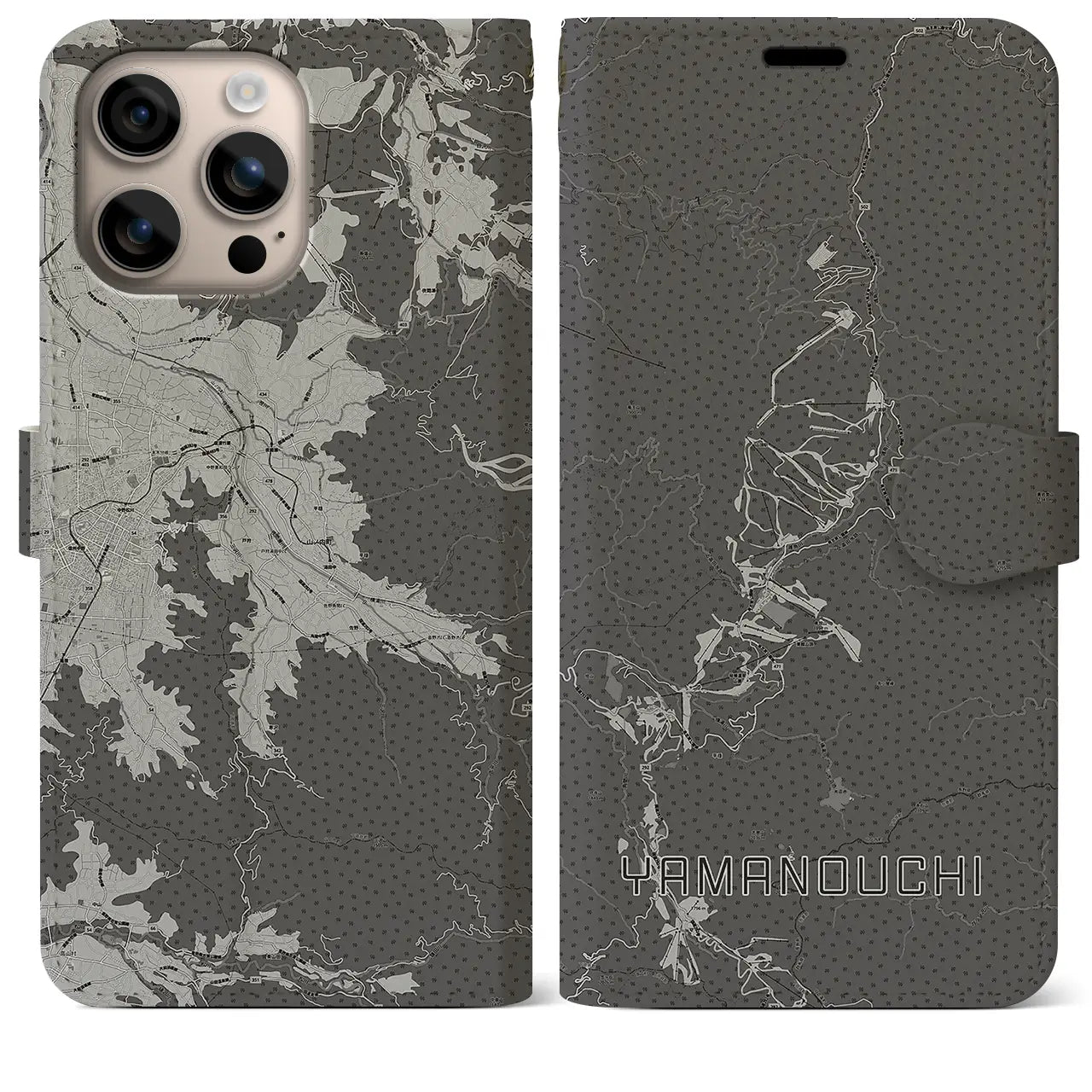 【山ノ内(長野県)】地図柄iPhoneケース(手帳タイプ)モノトーン・iPhone 16 Plus 用