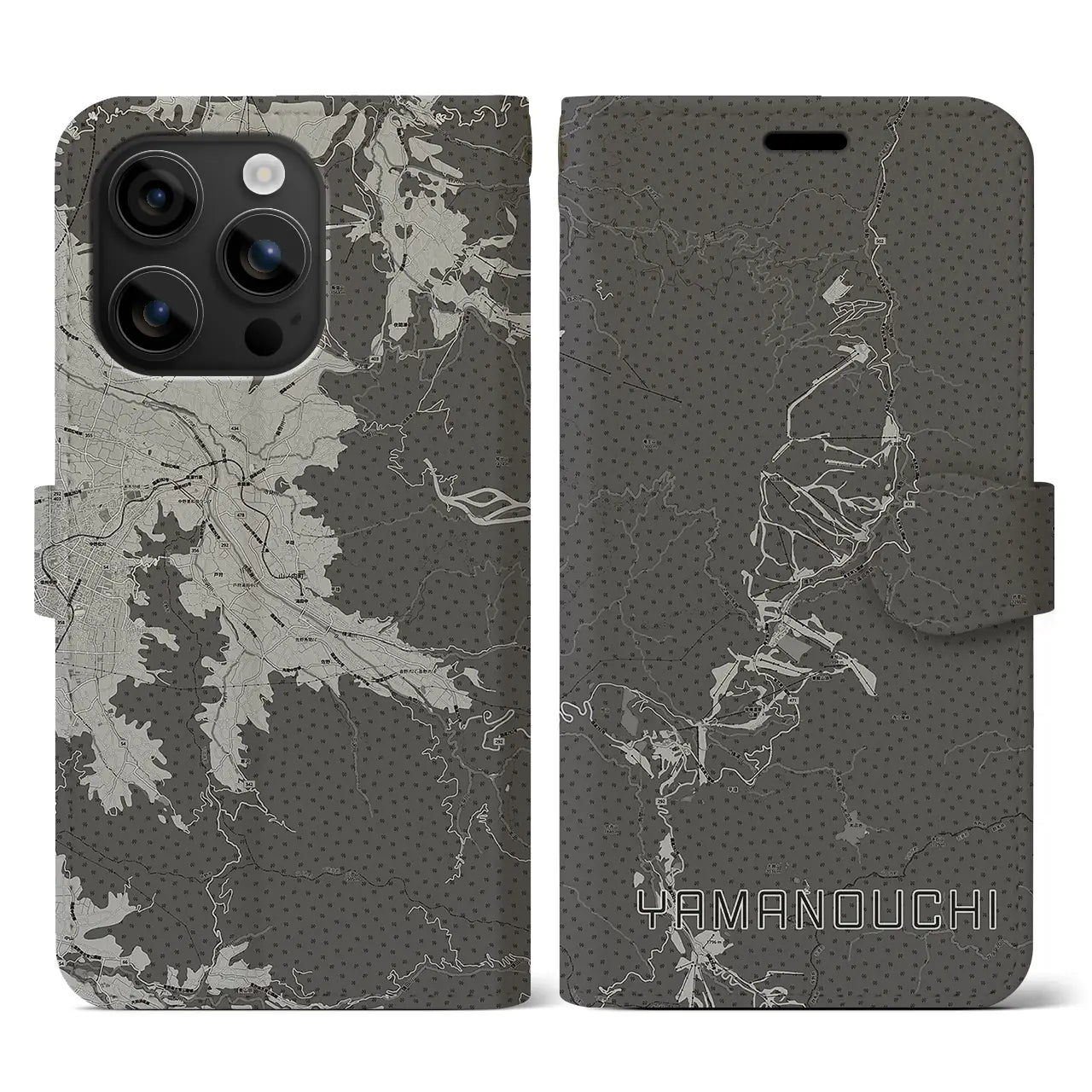 【山ノ内(長野県)】地図柄iPhoneケース(手帳タイプ)モノトーン・iPhone 16 用