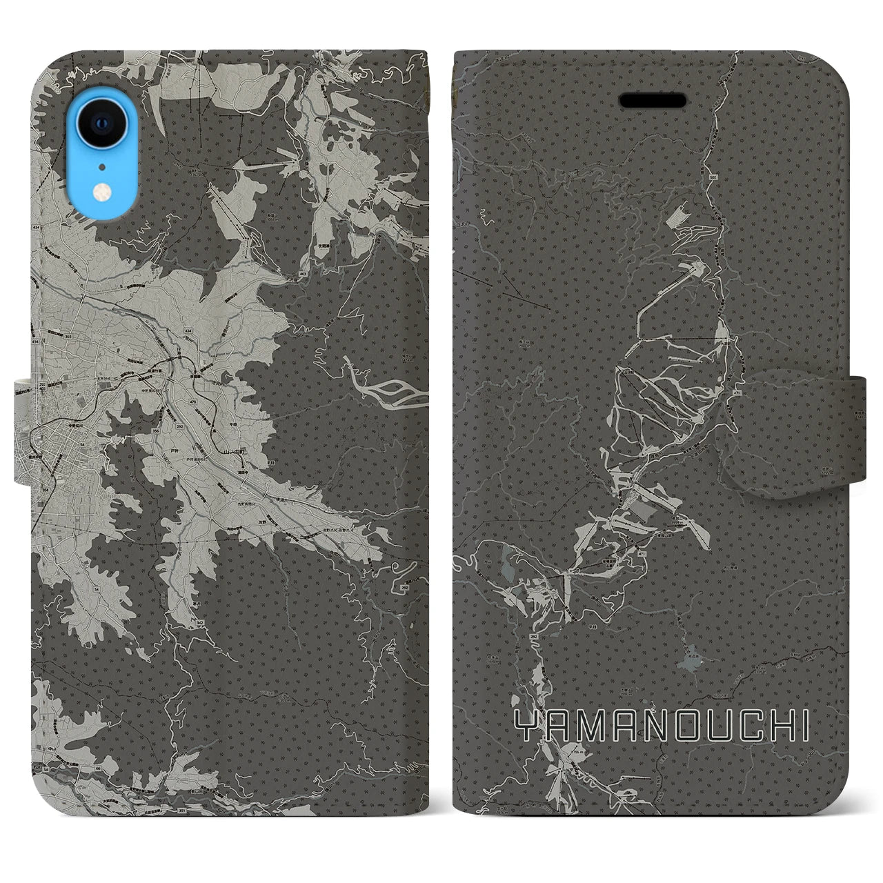 【山ノ内(長野県)】地図柄iPhoneケース(手帳タイプ)モノトーン・iPhone XR 用