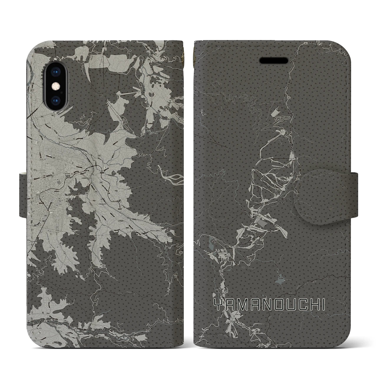 【山ノ内(長野県)】地図柄iPhoneケース(手帳タイプ)モノトーン・iPhone XS / X 用
