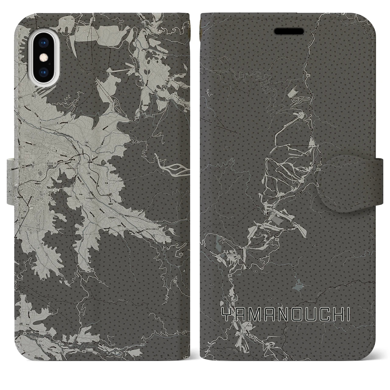 【山ノ内(長野県)】地図柄iPhoneケース(手帳タイプ)モノトーン・iPhone XS Max 用