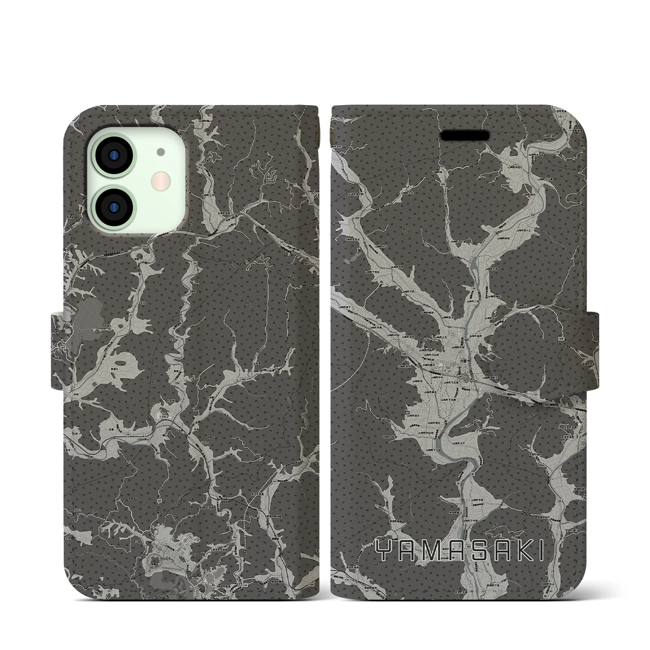 【山崎(兵庫県)】地図柄iPhoneケース(手帳タイプ)モノトーン・iPhone 12 mini 用