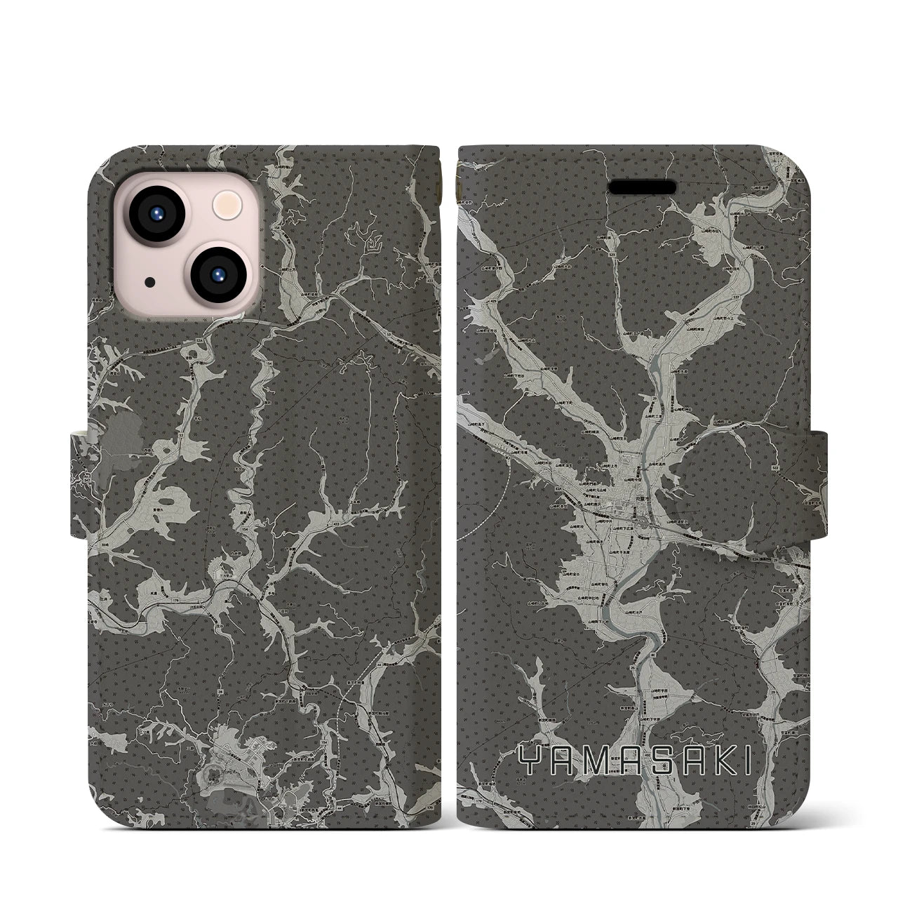 【山崎(兵庫県)】地図柄iPhoneケース(手帳タイプ)モノトーン・iPhone 13 mini 用