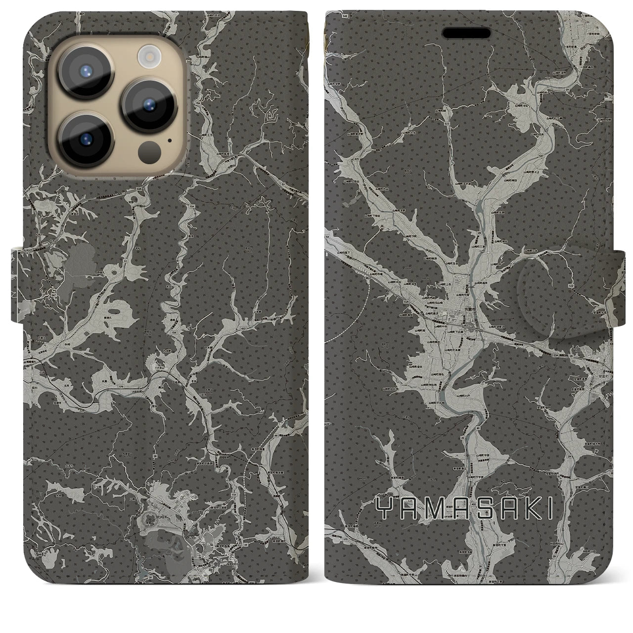 【山崎(兵庫県)】地図柄iPhoneケース(手帳タイプ)モノトーン・iPhone 14 Pro Max 用