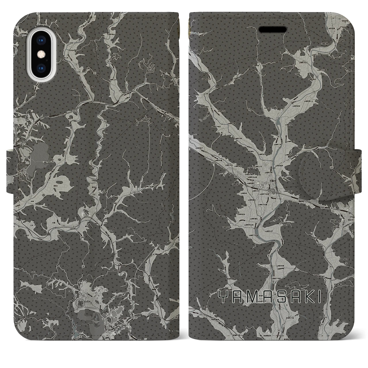 【山崎(兵庫県)】地図柄iPhoneケース(手帳タイプ)モノトーン・iPhone XS Max 用