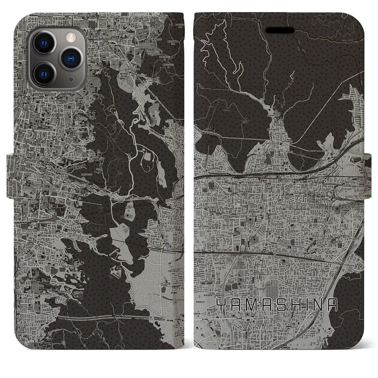 【山科(京都府)】地図柄iPhoneケース(手帳タイプ)モノトーン・iPhone 11 Pro Max 用