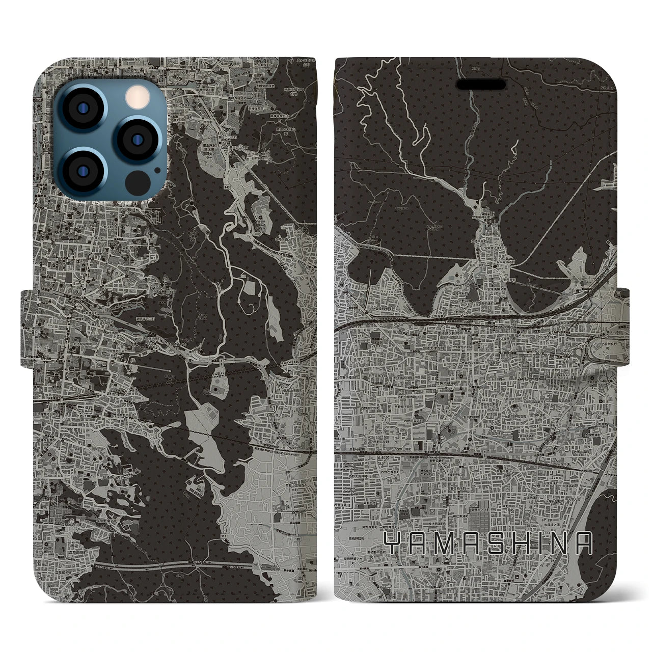 【山科(京都府)】地図柄iPhoneケース(手帳タイプ)モノトーン・iPhone 12 / 12 Pro 用