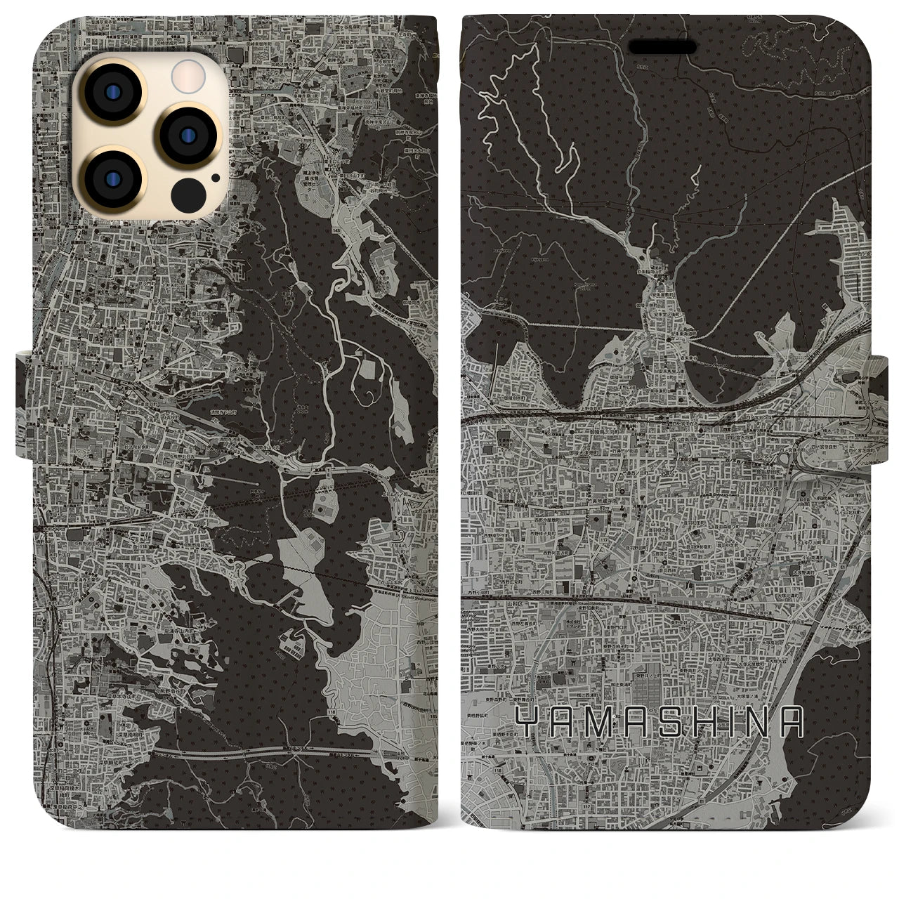 【山科(京都府)】地図柄iPhoneケース(手帳タイプ)モノトーン・iPhone 12 Pro Max 用