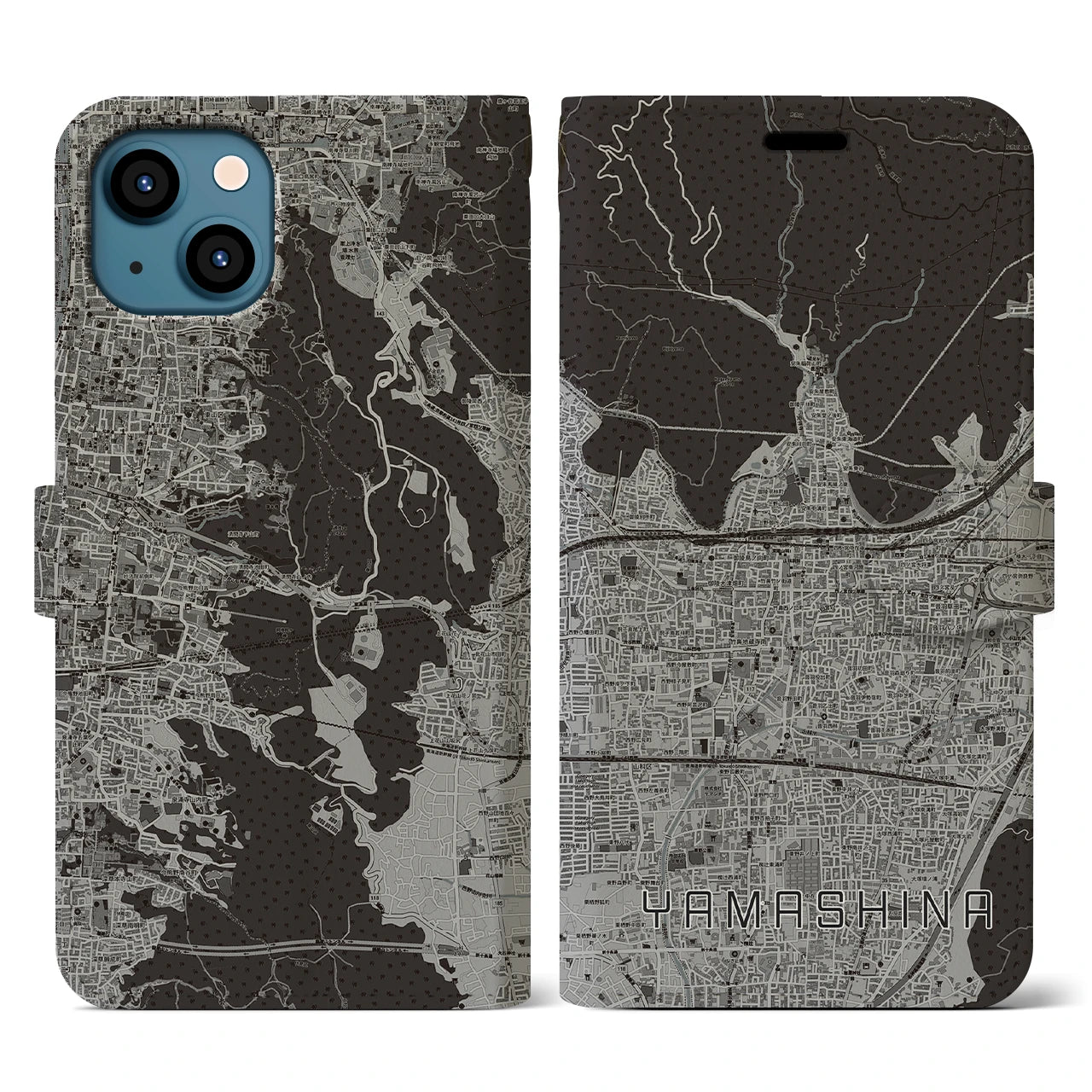 【山科(京都府)】地図柄iPhoneケース(手帳タイプ)モノトーン・iPhone 13 用