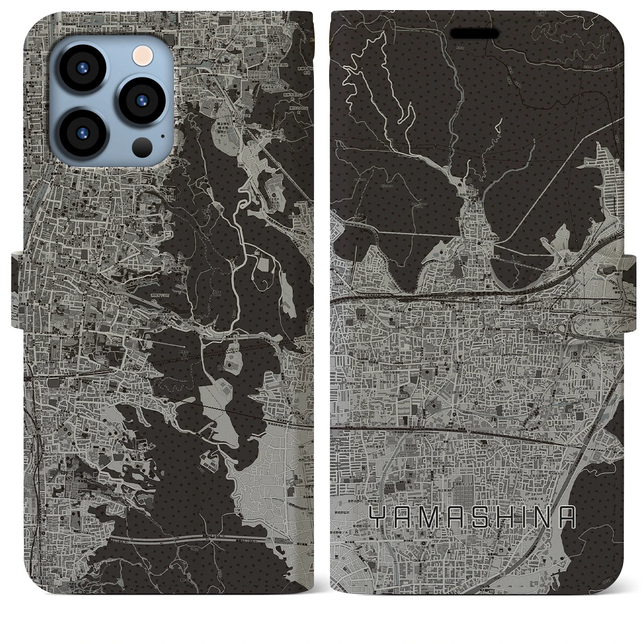 【山科(京都府)】地図柄iPhoneケース(手帳タイプ)モノトーン・iPhone 13 Pro Max 用