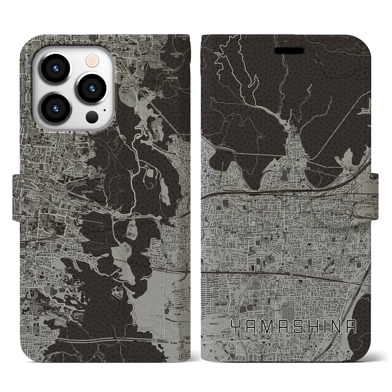 【山科(京都府)】地図柄iPhoneケース(手帳タイプ)モノトーン・iPhone 13 Pro 用