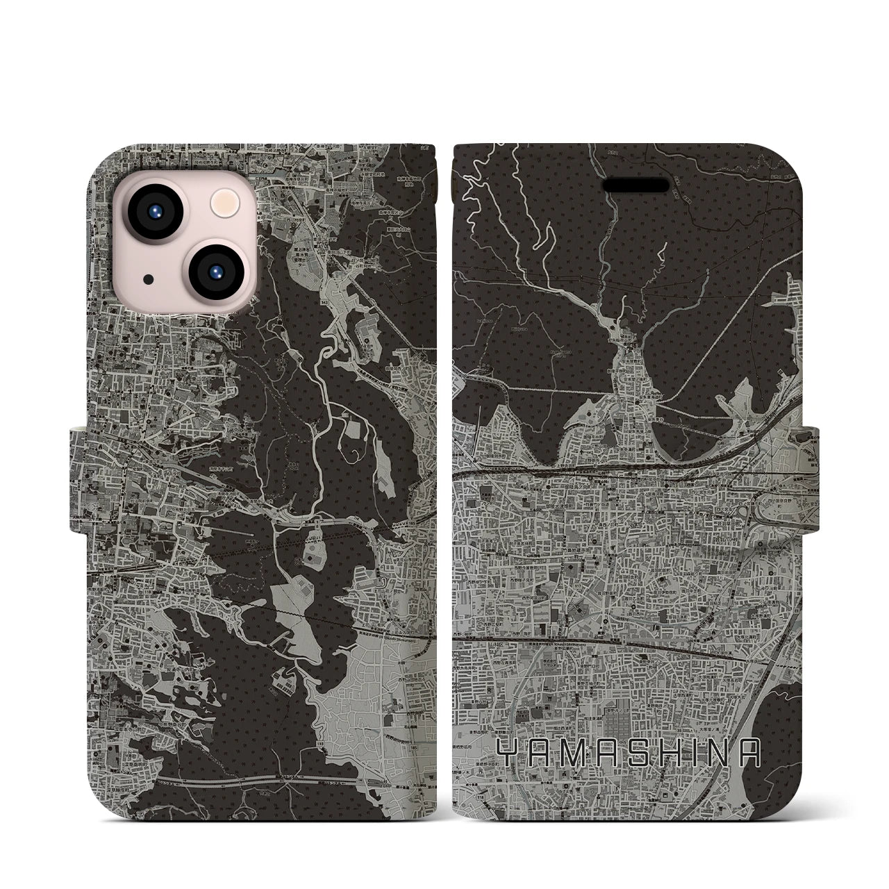 【山科(京都府)】地図柄iPhoneケース(手帳タイプ)モノトーン・iPhone 13 mini 用