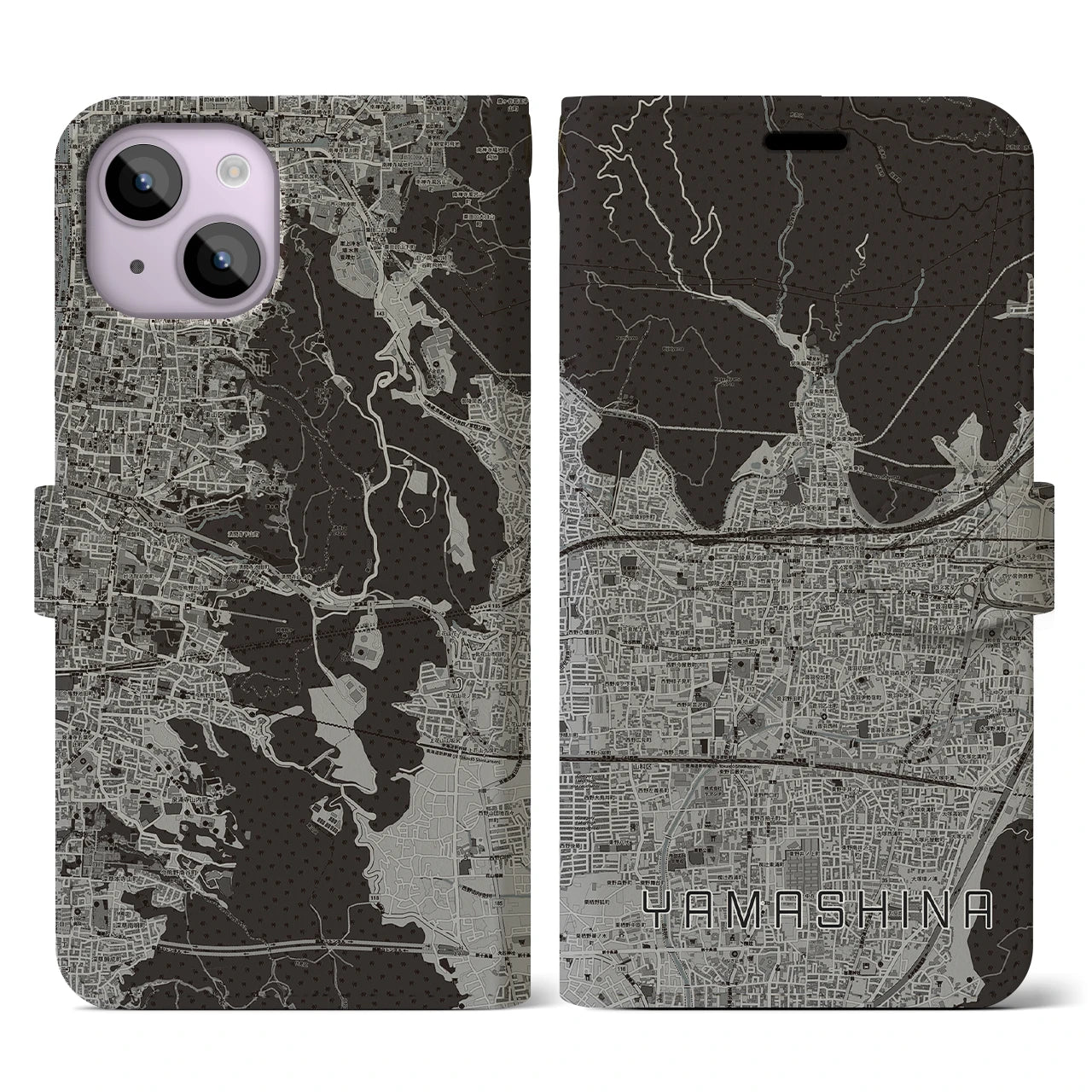 【山科(京都府)】地図柄iPhoneケース(手帳タイプ)モノトーン・iPhone 14 用