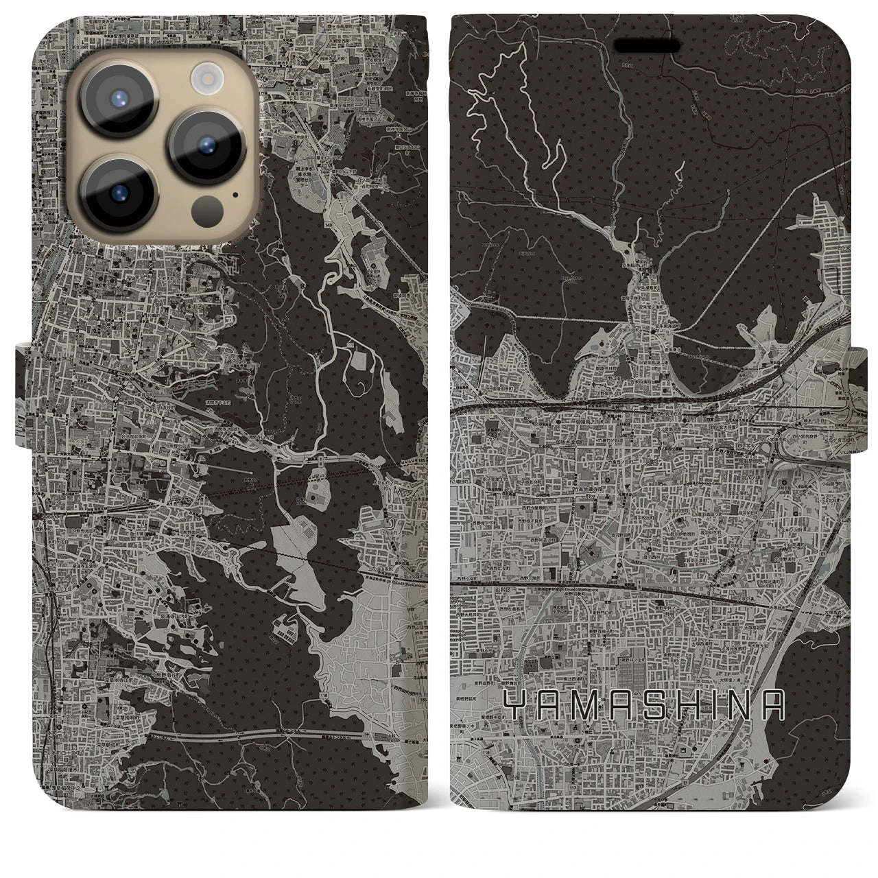 【山科(京都府)】地図柄iPhoneケース(手帳タイプ)モノトーン・iPhone 14 Pro Max 用