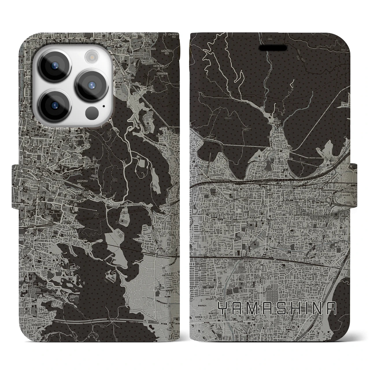 【山科(京都府)】地図柄iPhoneケース(手帳タイプ)モノトーン・iPhone 14 Pro 用
