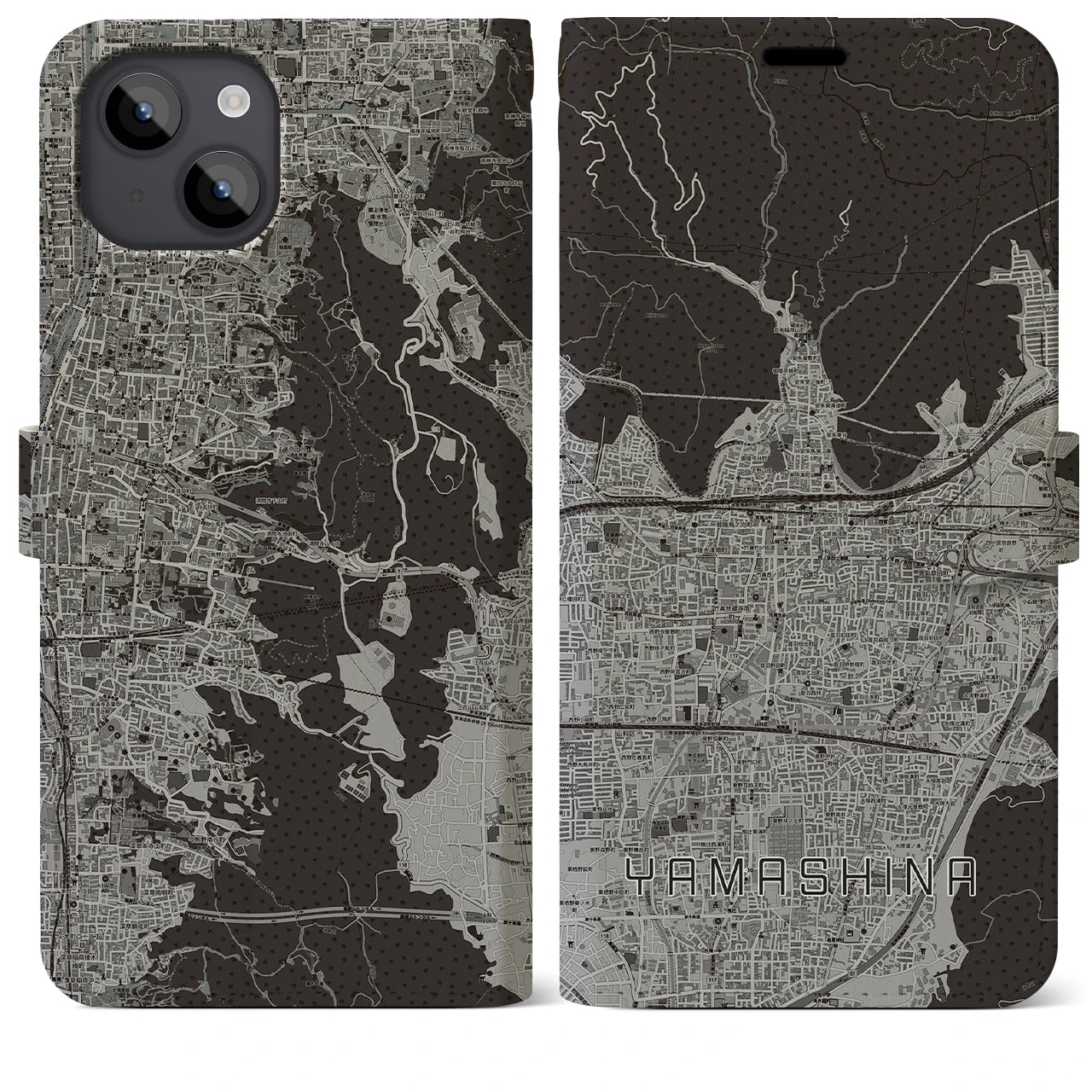 【山科(京都府)】地図柄iPhoneケース(手帳タイプ)モノトーン・iPhone 14 Plus 用