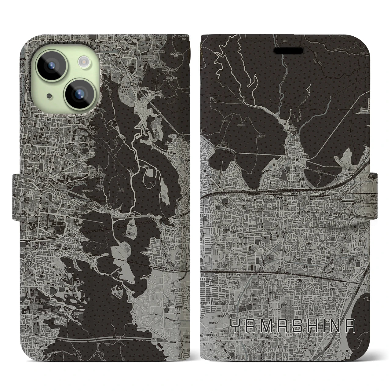 【山科(京都府)】地図柄iPhoneケース(手帳タイプ)モノトーン・iPhone 15 用