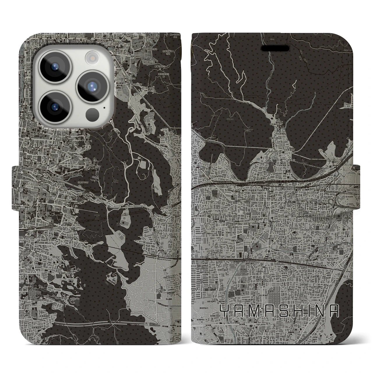 【山科(京都府)】地図柄iPhoneケース(手帳タイプ)モノトーン・iPhone 15 Pro 用